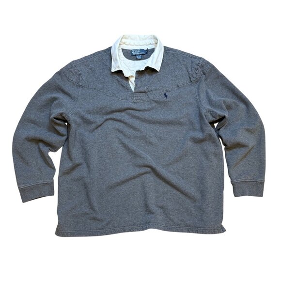 90s Polo Ralph Lauren Mens Rugby Shirt Elbow Patches Quilted Gray & White Pullov - Picture 1 of 9